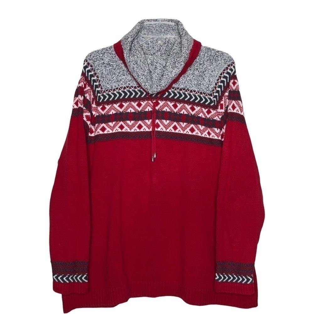100% Cotton Red, Gray & White Fair Isle Cowl Neck Turtleneck Sweater Size Large - Picture 1 of 4